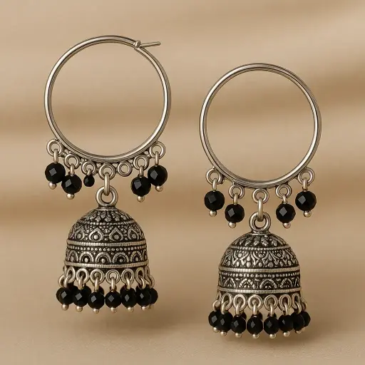 [SKU29] Oxidised Silver Hoop Jhumka Earrings with Black Beads