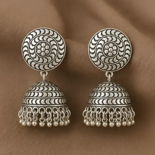 [SKU25] Oxidised Silver Dome Jhumka Earrings with Spiral Design