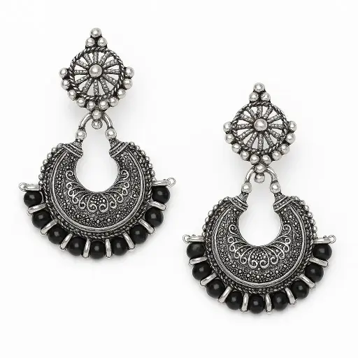 [SKU41] Oxidised Silver Afghani Chandbali Earrings with Black Beads