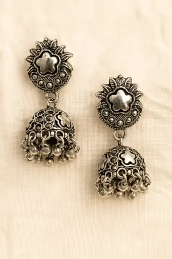 [SKU43] Antique Oxidised Silver Floral Jhumka Earrings with Ghungroo