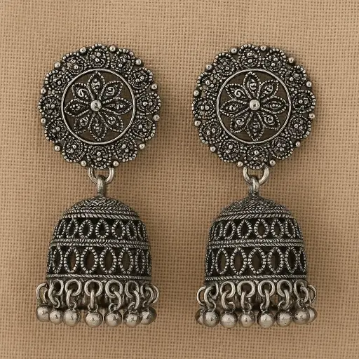 [SKU44] Oxidised Silver Antique Round Top Jhumka Earrings