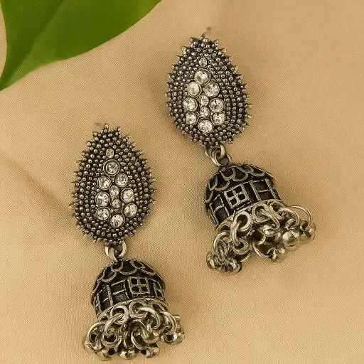 [SKU33] Oxidised Silver Teardrop Jhumka Earrings with Mirror Stone