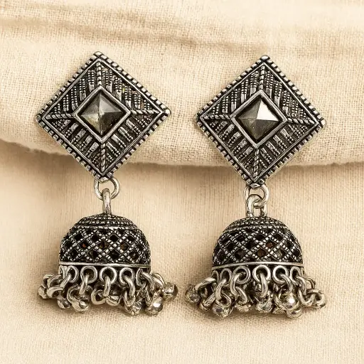 [SKU34] Oxidised Black Stone Jhumka Earrings with Geometric Square Stud