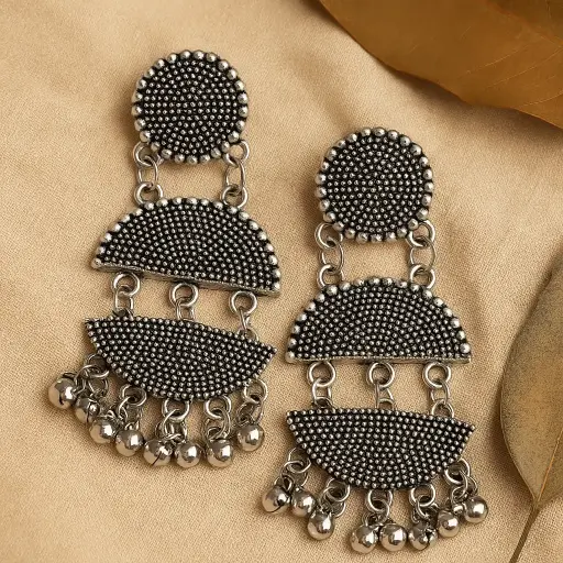 [SKU31] Oxidised Tribal Layered Dangler Earrings with Ghungroo