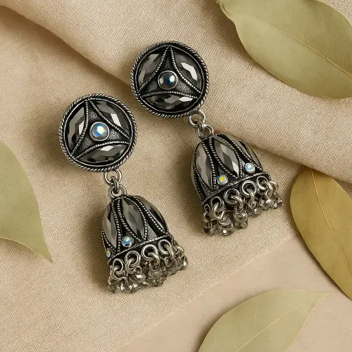 [SKU36] Oxidised Silver Mirror-Cut Stone Jhumka Earrings with Geometric Stud 