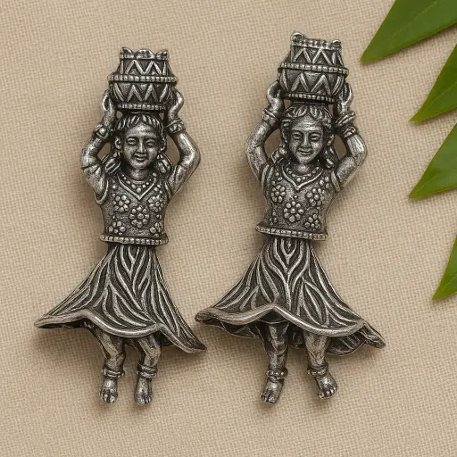 [SKU38] Oxidised Silver Tribal Woman Figurine Earrings – Folk Art Inspired