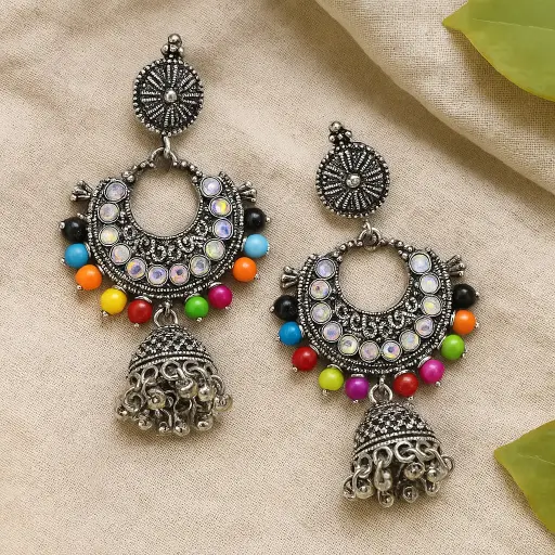 [SKU39] Oxidised Silver Chandbali Earrings with Multicolor Beads & Mirror Work