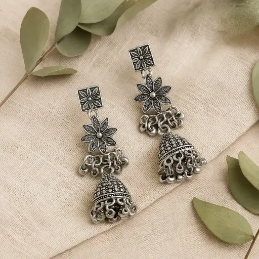 [SKU40] Oxidised Silver Floral Jhumka Earrings with Dome and Square Stud