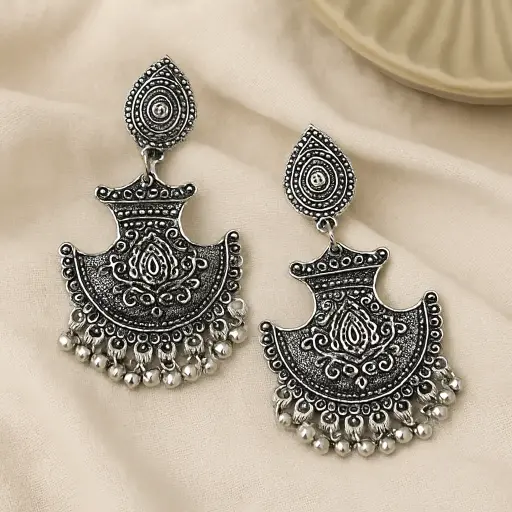 [SKU27] Oxidised Silver Crescent Tribal Earrings with Ghungroo Drops