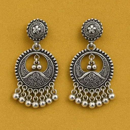[SKU28] Oxidised Silver Floral Round Earrings with Hanging Ghungroo Charms