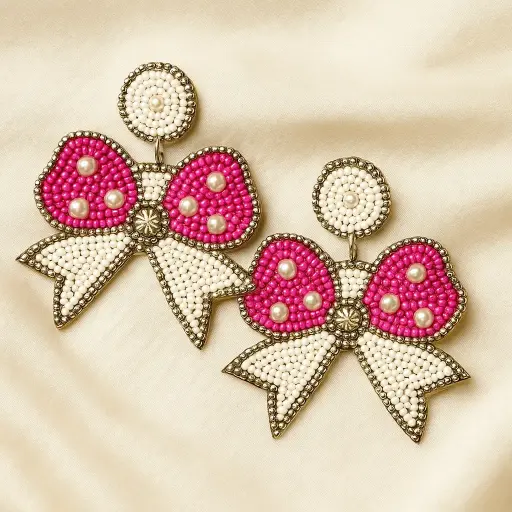 [HM2] Pearl Beaded Bow Statement Earrings – Pink & White