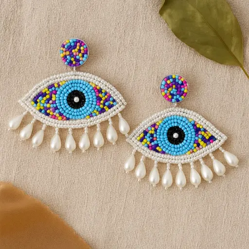 [HM4] Evil Eye Beaded Statement Earrings—Pearl Drop Edition