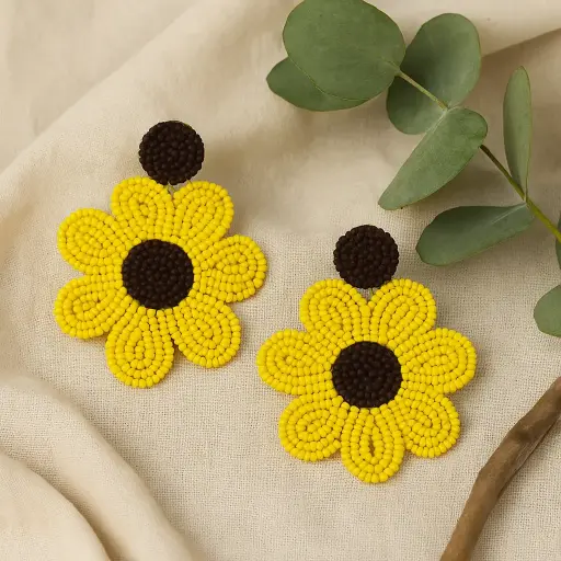 [HM6] Sunshine Bloom Beaded Earrings – Yellow & Black Floral 