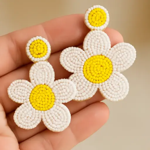 [HM7] Sunshine Bloom Beaded Earrings – White & Yellow Floral 