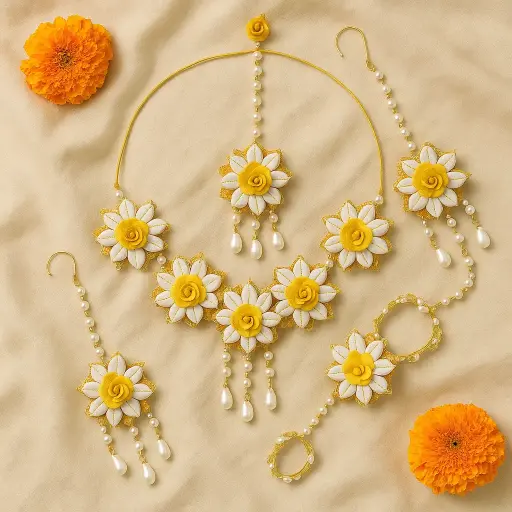 [HM9] Haldi Bloom Bridal Set – Marigold Floral Jewellery for Bride
