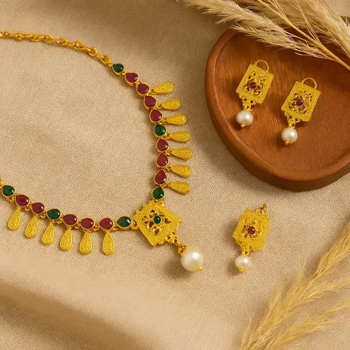 [HM11] Rajsi Temple Drop Necklace Set – Gold Finish with Kundan Accents