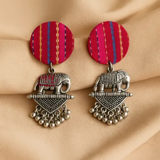 [HM12] Tribal Elephant Oxidised Earrings – Ajrakh Top