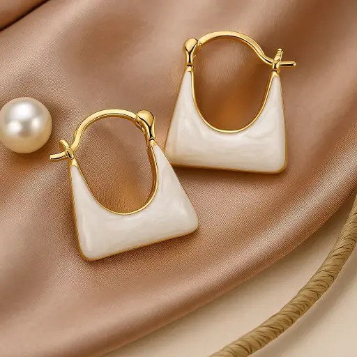 [KE1] Ivory Gloss Handbag Hoop Earrings | Korean Style Gold Enamel Statement Dailywear 