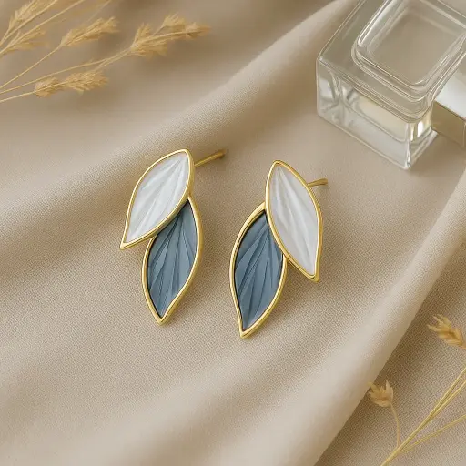 [KE2] Dual-Tone Leaf Earrings | Korean Embossed Enamel Studs