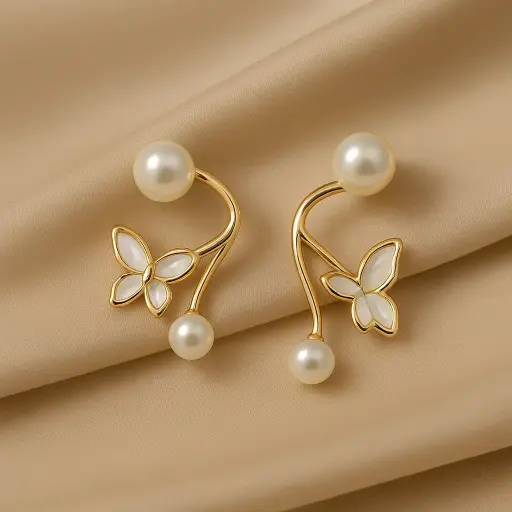 [KE3] Pearl Bloom Butterfly Earrings—Korean Minimal Gold Statement Studs