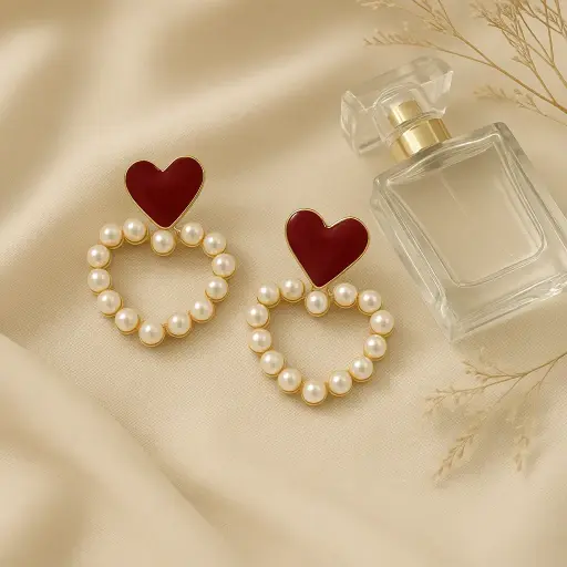 [KE4] LoveLoop Pearl Heart Earrings—Red & Gold Korean Statement Studs