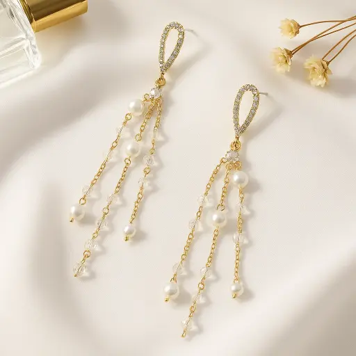 [KE5] Crystal Drape Long Pearl Earrings – Elegant Korean Gold Chain Danglers
