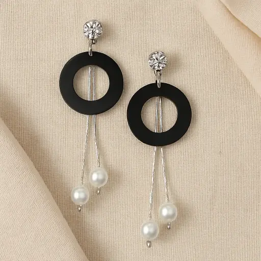 Black Hoop Pearl Drop Dangle Earrings